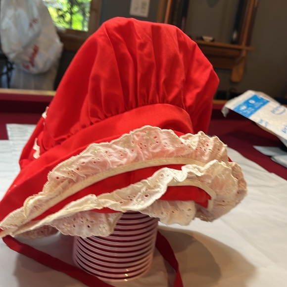 Red Prairie BONNET HAND MADE lace ruffle trim ribbon neck tie costume OS womens - Picture 5 of 13